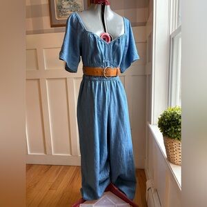 Denim Blue Jumpsuit with Smocked Waist Size Large Summer Boho Casual